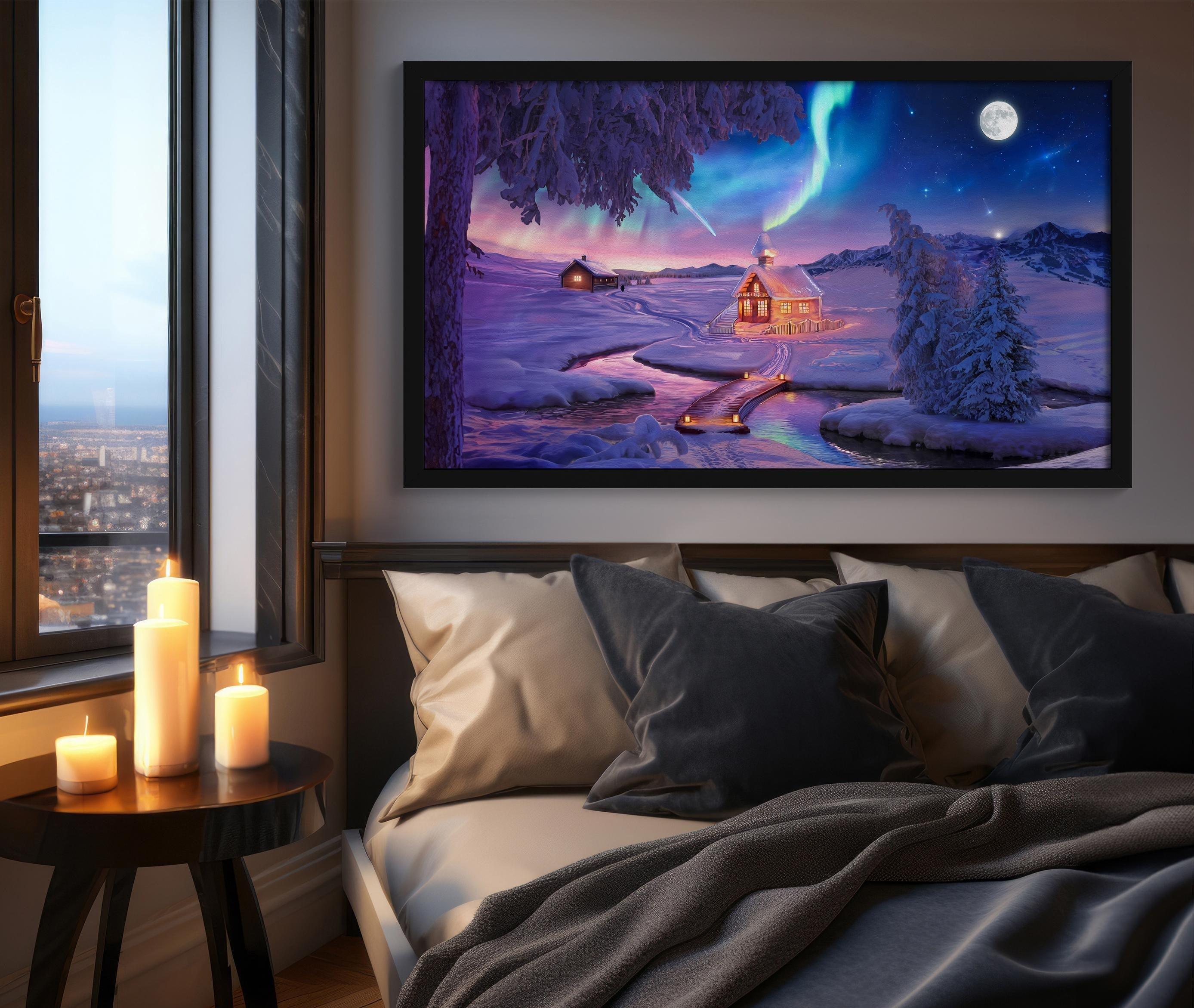 Colorful Winter Wonderland Oil Painting Wall Art | Northern Lights Landscape Decor | Panoramic Poster