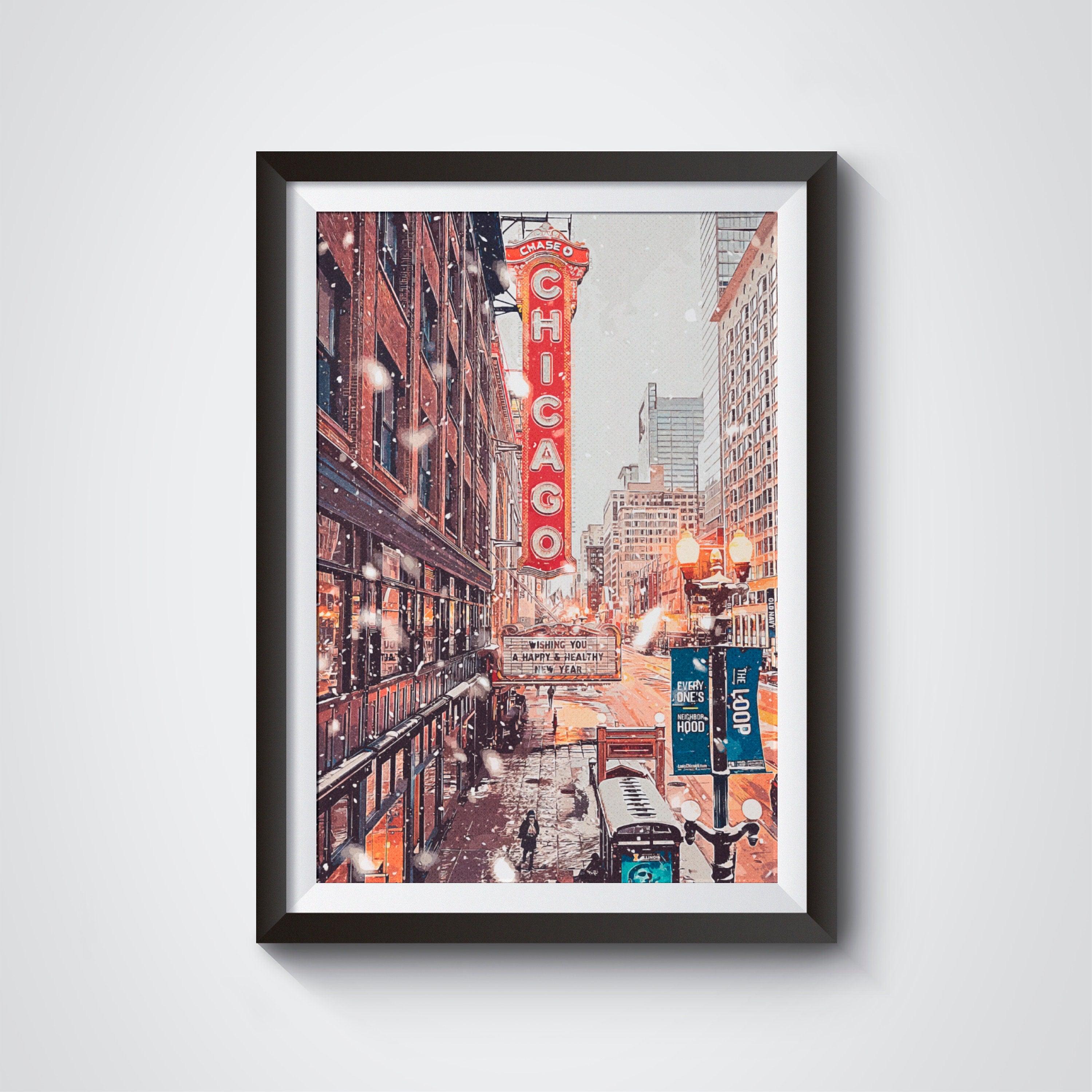 Chicago Poster, Christmas Winter Light Print, Theater Sign, Illinois State Gift, Snowflake Photo, New Year Light, United States Poster