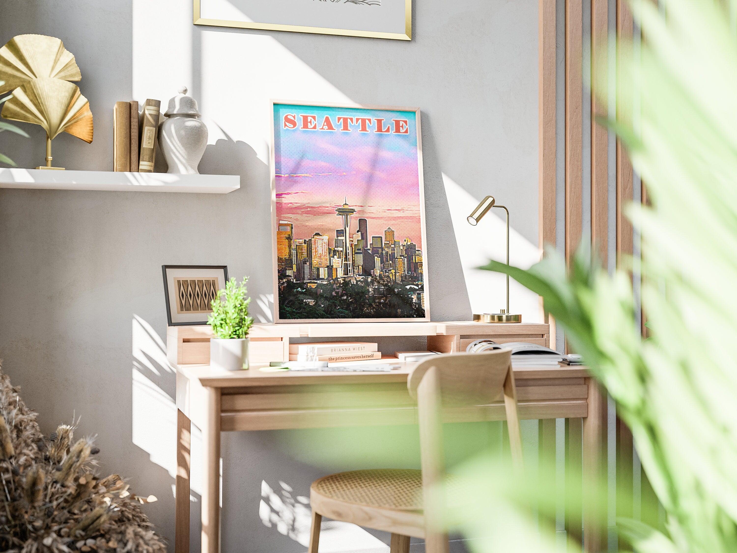 Seattle Poster • Printable Wall Art For World Traveller • Pink Orange Colorful • Retro Vibrant Print • USA Travel Gift • Digital Download