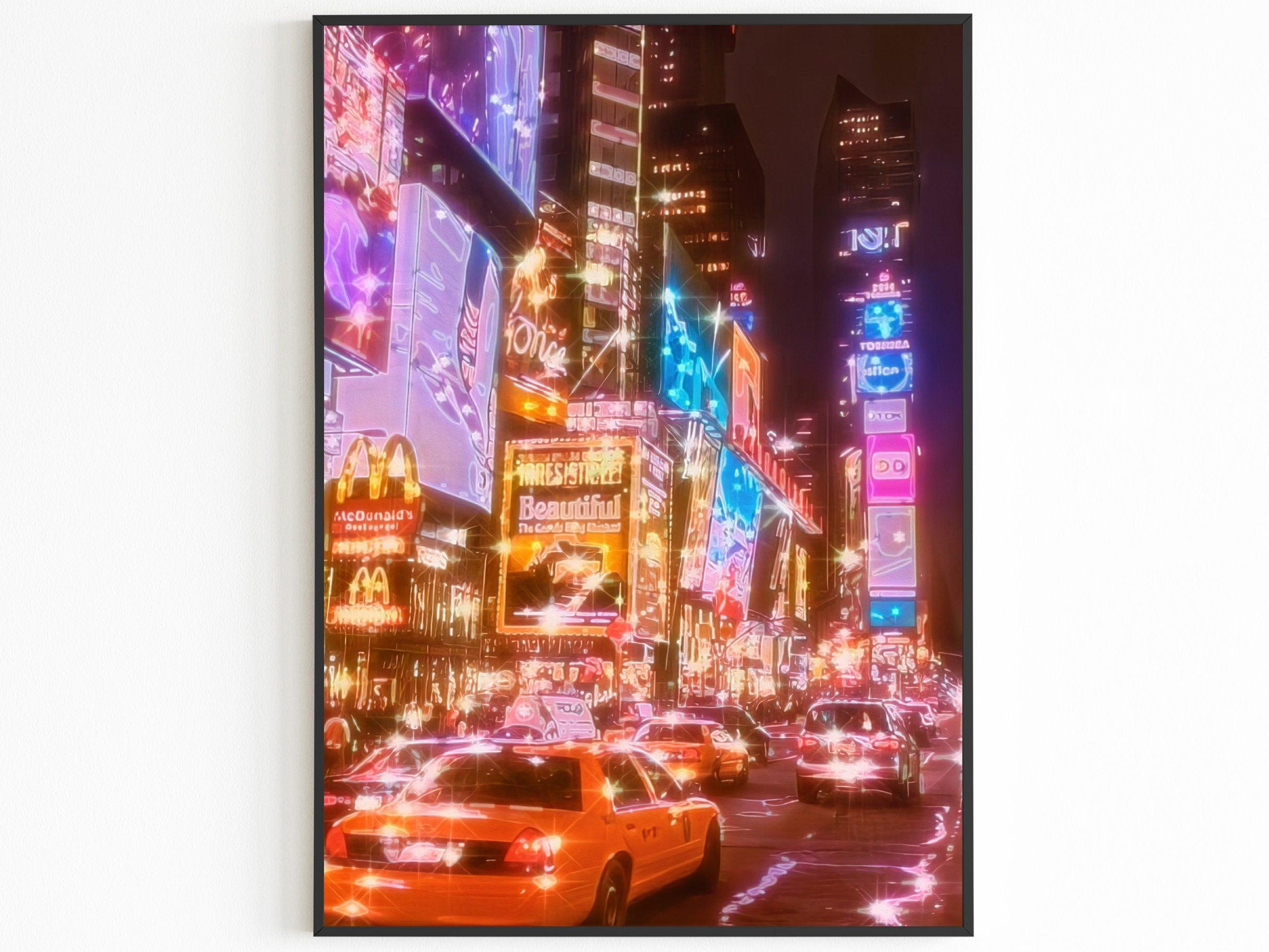 New York City Night, Neon Light Art, Trendy Fashion Poster, Bright Lights, NYC Movie, Aesthetic NY, Oil Painting Decoration, USA Travel Gift