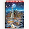 Vintage Christmas Washington Poster, Seattle Night, Nostalgic Winter Art, Travel Poster Gift for Christmas, Full Moon, Starry Sky